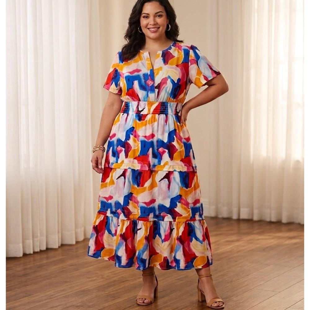 French Connection XXL Multicolor Abstract Watercolor Tiered Cotton Maxi Dress